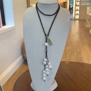 Vincent Peach Braided Leather & Pearl Necklace